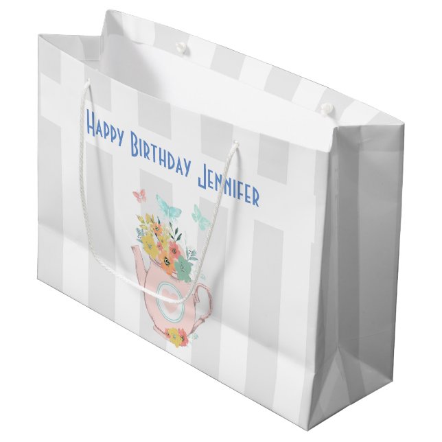 Grand Sac Cadeau Teapot rose avec Fleurs et Papillons Anniversaire (Devant Angle)