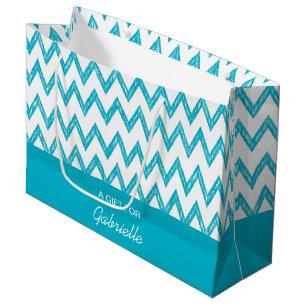Grand Sac Cadeau Tendance Crayon Turquoise Chevron Zigzags Avec Nom