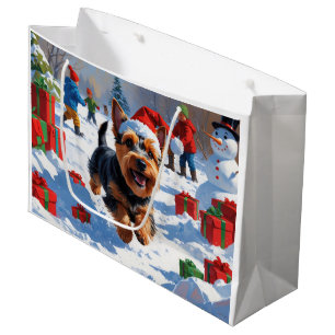 Grand Sac Cadeau Térrier Écossais Courant dans la Neige avec Chapea