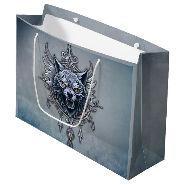 Grand Sac Cadeau Tête de loup mystique. (Devant Angle)