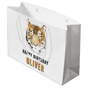 Grand Sac Cadeau Tête de tigre aquarelle animal Joyeux Anniversaire
