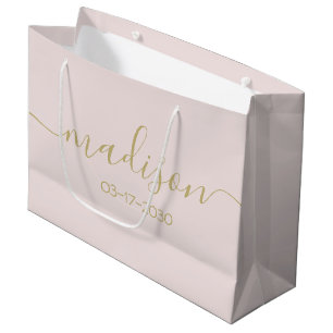 Grand Sac Cadeau Texte de nom personnalisé élégant écriture or rose