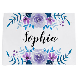 Grand Sac Cadeau Texte floral pourpre bleu de coutume de guirlande