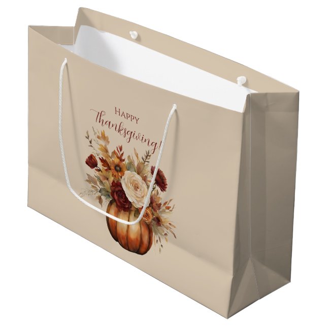 Grand Sac Cadeau Thanksgiving-Watercolor Citrouille et fleurs- (Devant Angle)