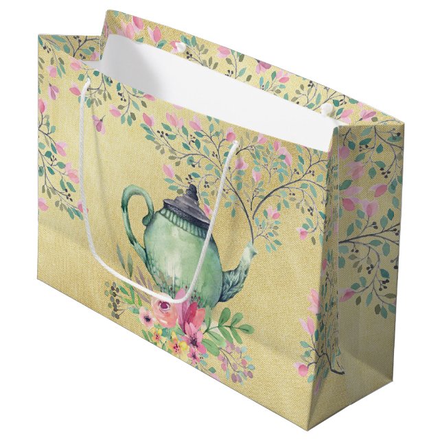 Grand Sac Cadeau Théière d'aquarelle et or élégants de fleurs (Devant Angle)