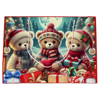 Grand Sac Cadeau Three Cute Teddy Bears Merry Christmas