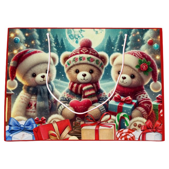 Grand Sac Cadeau Three Cute Teddy Bears Merry Christmas (Devant)