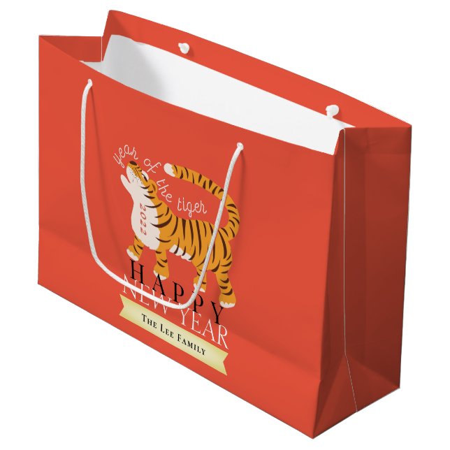 Grand Sac Cadeau Tiger Nouvel An Chinois 2022 Fête Rouge (Devant Angle)