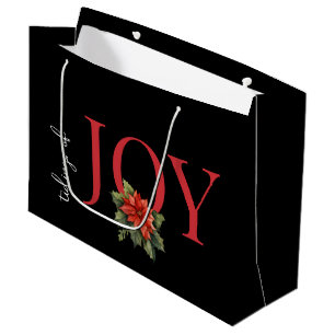 Grand Sac Cadeau TIGES DE JOY RED CHRISTMAS POINSETTIA sur NOIR,
