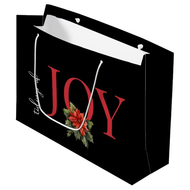 Grand Sac Cadeau TIGES DE JOY RED CHRISTMAS POINSETTIA sur NOIR, (Devant Angle)