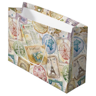 Grand Sac Cadeau Timbre de passeport rustique motif voyage (8)