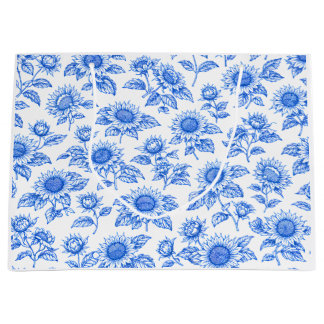 Grand Sac Cadeau Toile de Jouy élégante Tournesols – Botanique bleu
