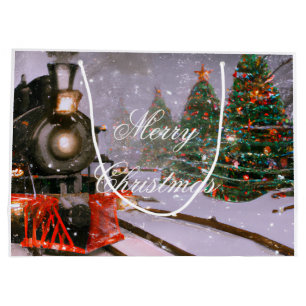 Grand Sac Cadeau Train forestier de Noël