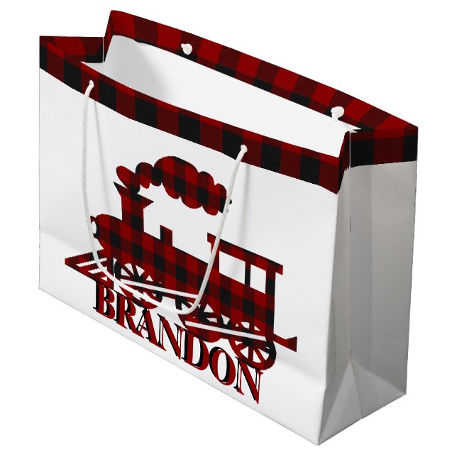 Grand Sac Cadeau Train plaid personnalisé (Devant Angle)