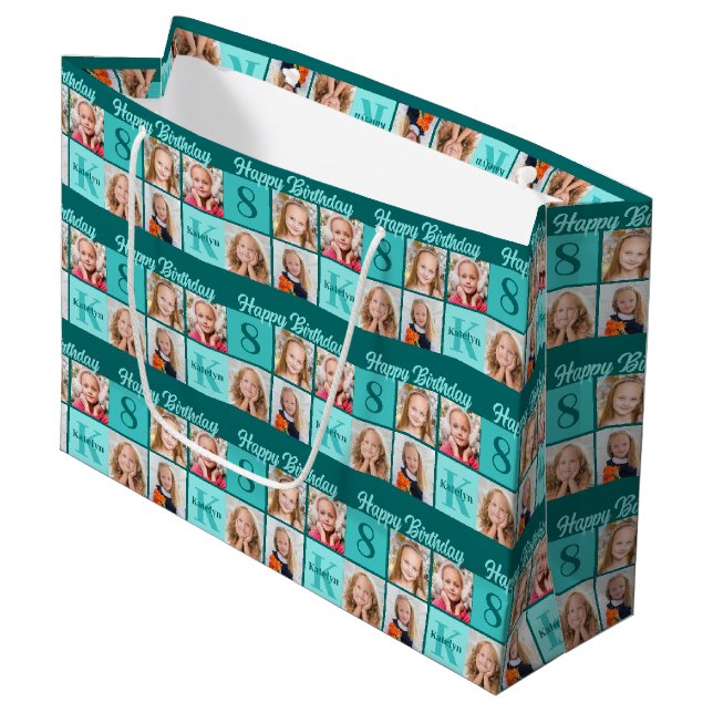 Grand Sac Cadeau Trendy Teal Birthday Party Custom Photo Collage (Devant Angle)