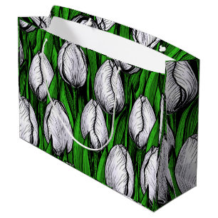 Grand Sac Cadeau Tulières blanches avec feuilles verts