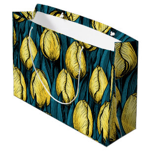 Grand Sac Cadeau Tulières jaunes avec feuilles bleus