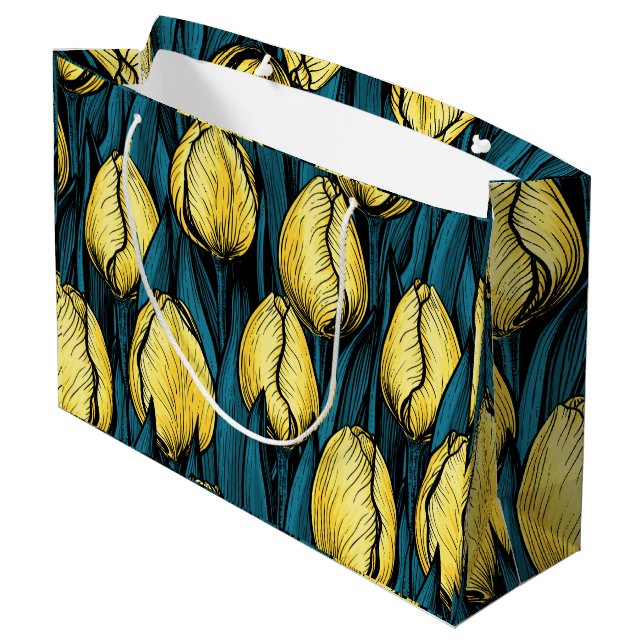 Grand Sac Cadeau Tulières jaunes avec feuilles bleus (Dos Angle)