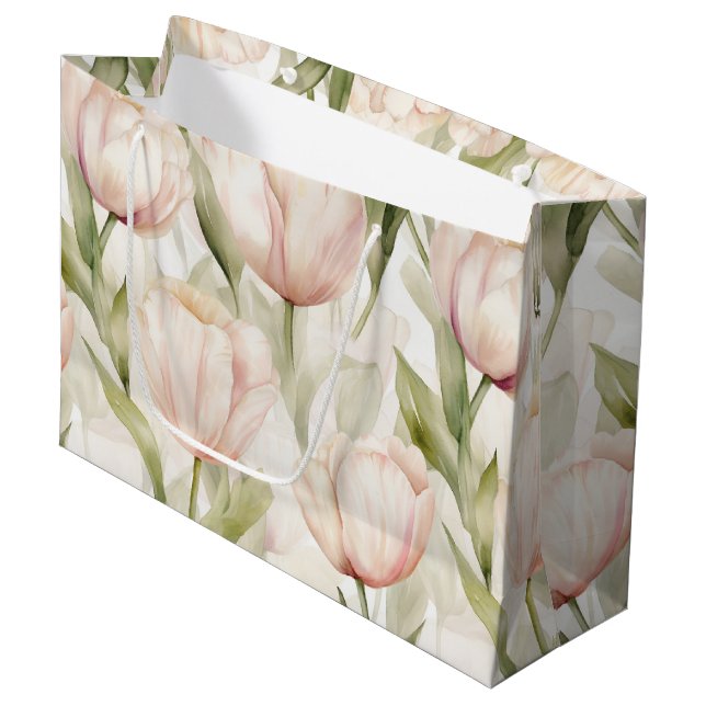 Grand Sac Cadeau Tulipes à crème rose pâle Mariage floral (Devant Angle)