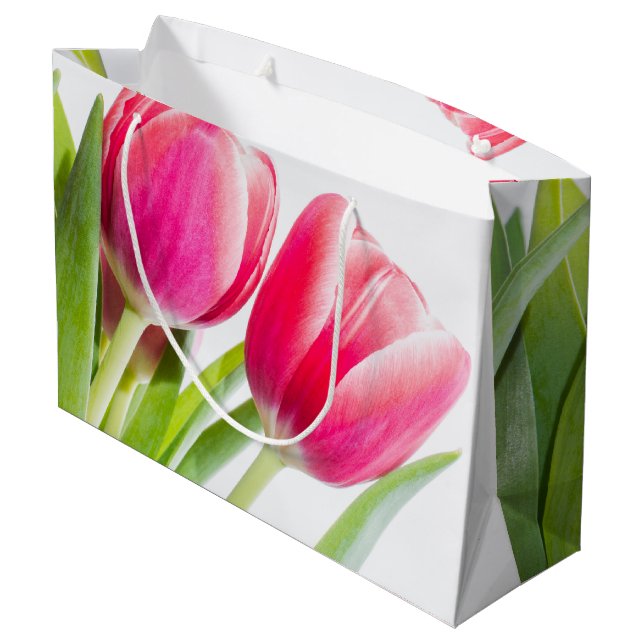 Grand Sac Cadeau Tulipes roses avec Feuille vert photo (Dos Angle)