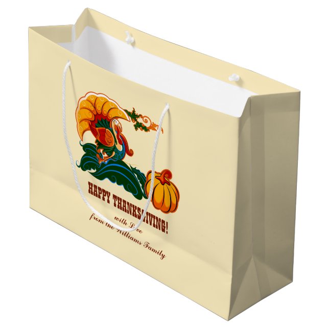 Grand Sac Cadeau Turquie et Citrouille | Nom personnalisé Thanksgiv (Devant Angle)
