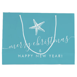 Grand Sac Cadeau Turquoise Bleu Côte de Noël Starfish Personnalisé