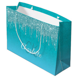 Grand Sac Cadeau Turquoise bleu parties scintillant goutte monogram