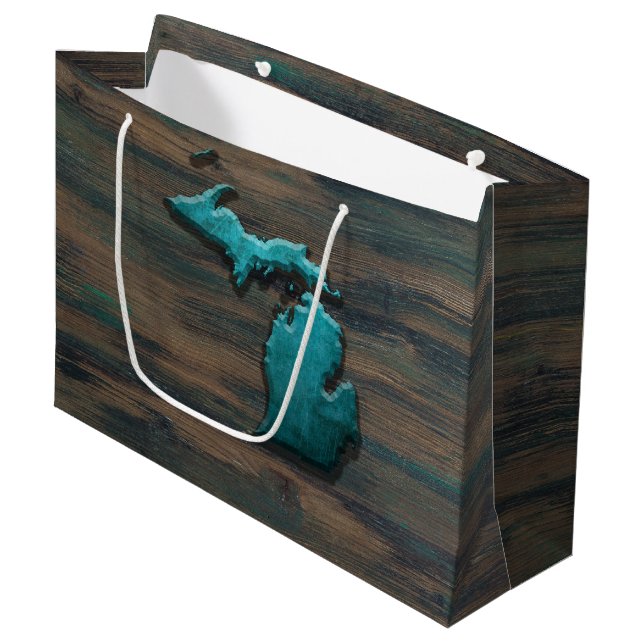 Grand Sac Cadeau Turquoise de la forme de l'état du Michigan (Devant Angle)