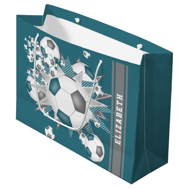 Grand Sac Cadeau turquoise gris ballon de football souffle personna (Devant Angle)