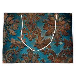 Grand Sac Cadeau Turquoise sombre et Patina Damask