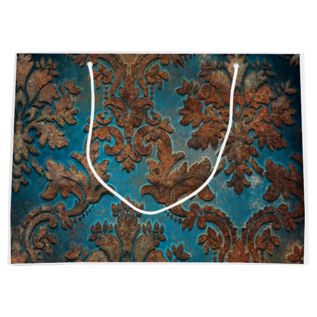 Grand Sac Cadeau Turquoise sombre et Patina Damask (Devant)