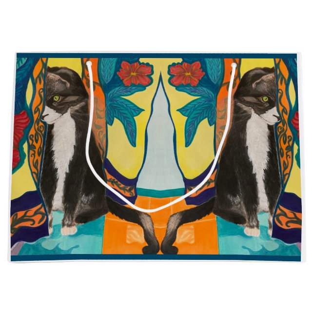 Grand Sac Cadeau Tuxedo Cat Folk Art (Devant)