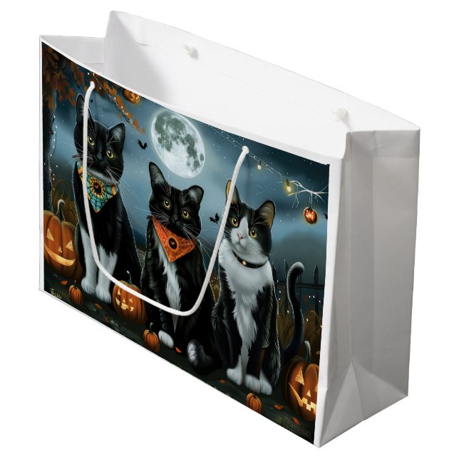 Grand Sac Cadeau Tuxedo Chat Halloween Éffrayant (Devant Angle)