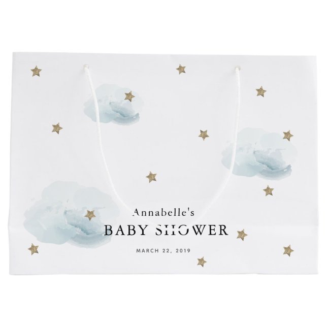 Grand Sac Cadeau Twinkle Gold Stars & Baby shower de nuages bleus (Dos)