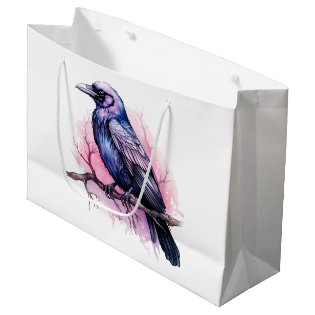 Grand Sac Cadeau Un Corbeau noir sur une branche (Devant Angle)