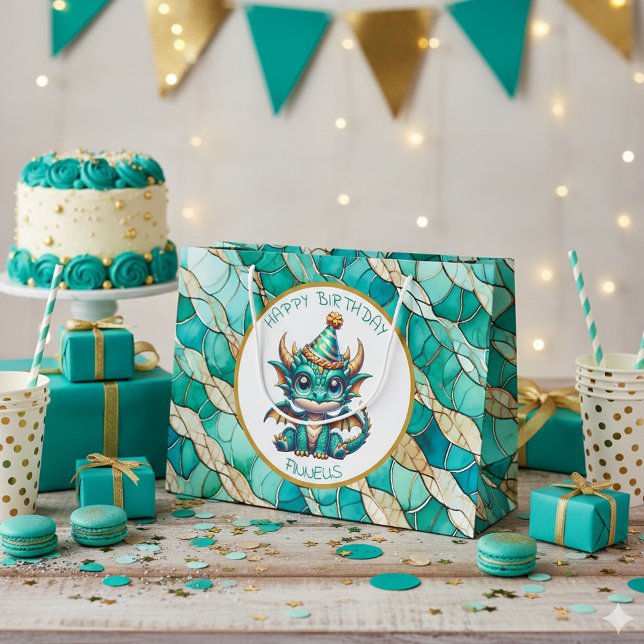 Grand Sac Cadeau Un dragon Turquoise et d'or Personnalisé pour l'an (Créateur téléchargé)