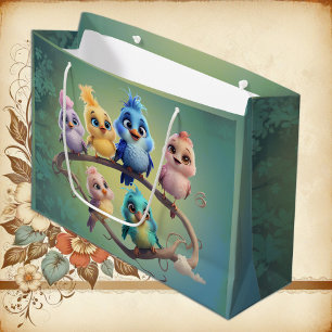 Grand Sac Cadeau Un joli défilé d'oiseaux de caricature aux couleur