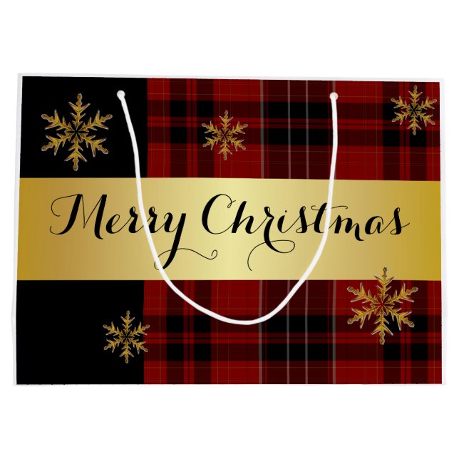 Grand Sac Cadeau Un Or Élégant Avec Noël Plaid (Dos)