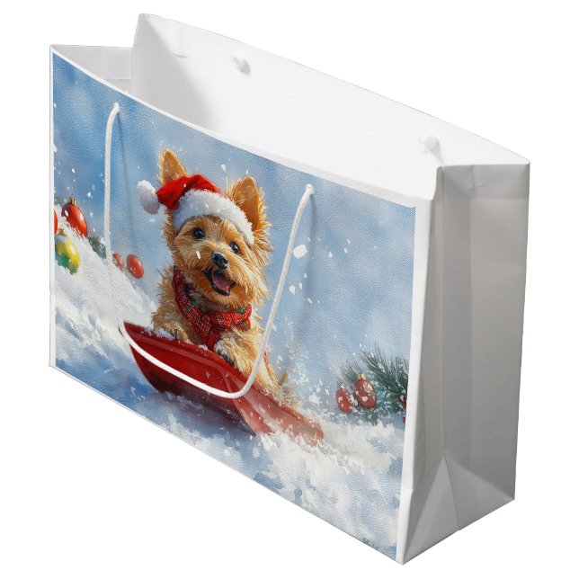 Grand Sac Cadeau Un Terrier australien à la luge, qu'il neige Noël (Devant Angle)