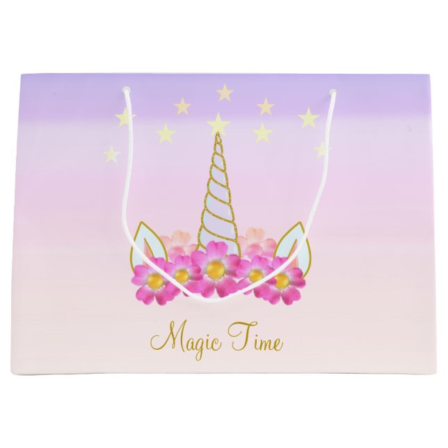 Grand Sac Cadeau Unicorn Fleurs et étoiles (Devant)