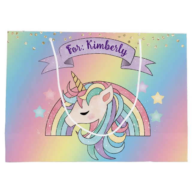 Grand Sac Cadeau Unicorn & Sparkly Rainbow Gold Parties scintillant (Dos)