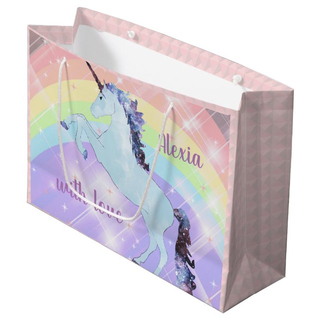 Grand Sac Cadeau Unicorne, arc-en-ciel, pour les filles, les enfant (Devant Angle)