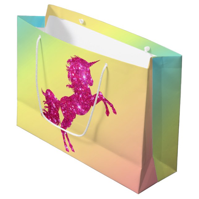 Grand Sac Cadeau Unicorne Parties scintillant rose (Devant Angle)