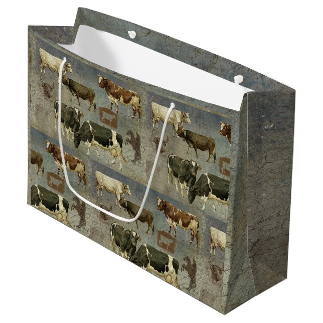Grand Sac Cadeau Vache de ferme bleu rustique Motif en bois Masculi (Devant Angle)