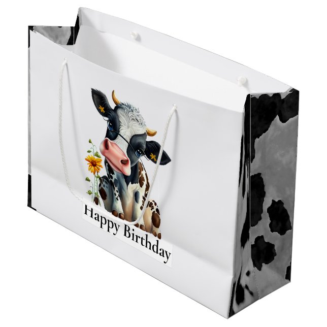 Grand Sac Cadeau Vache laitière Joyeux Anniversaire Blanc (Devant Angle)