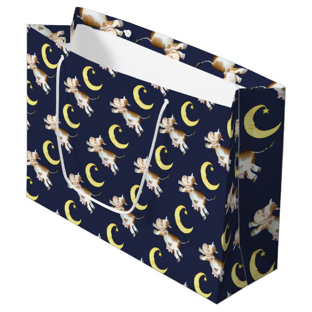 Grand Sac Cadeau Vache saut lune aquarelle peinture art (Devant Angle)