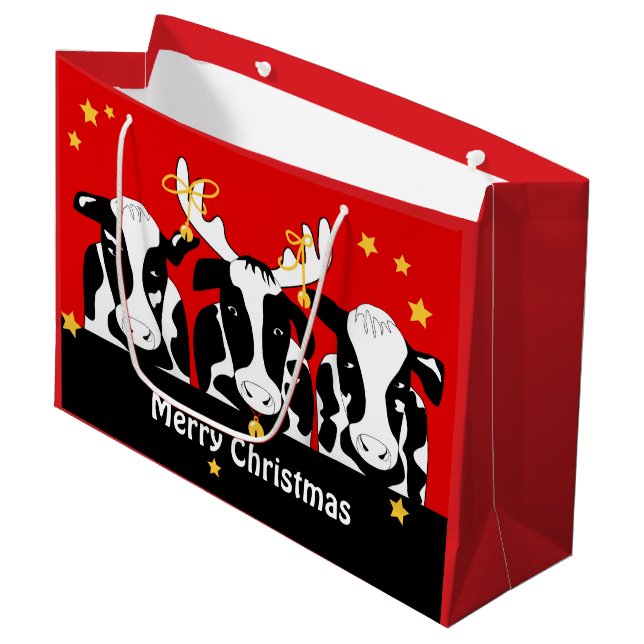 Grand Sac Cadeau Vaches de Noël amusant LG GB (Devant Angle)