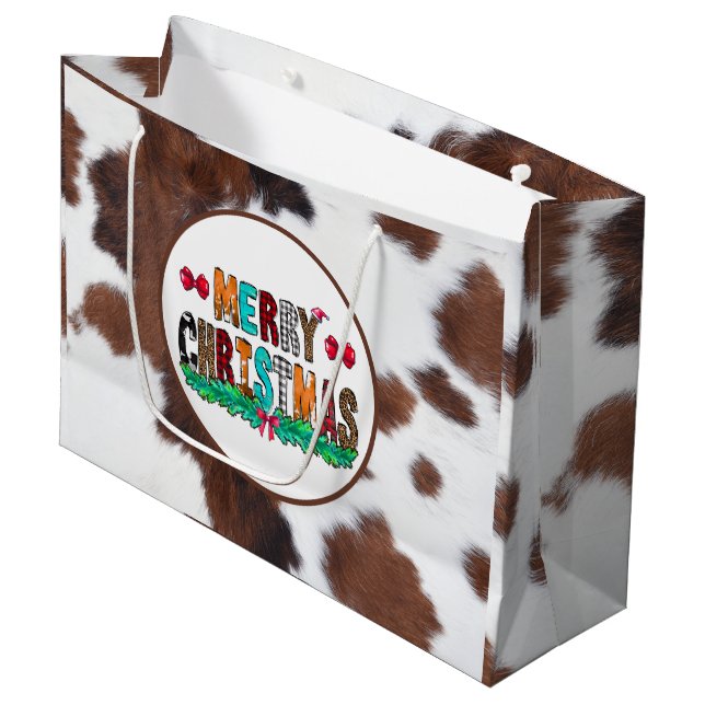 Grand Sac Cadeau Vachette Brown blanc Joyeux Noël (Devant Angle)