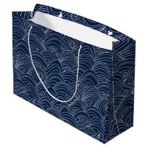 Grand Sac Cadeau Vague océanique blanche et bleue motif de style ja