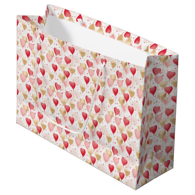 Grand Sac Cadeau Valentine's Pink Red Gold Heart Balloons Pattern (Devant Angle)